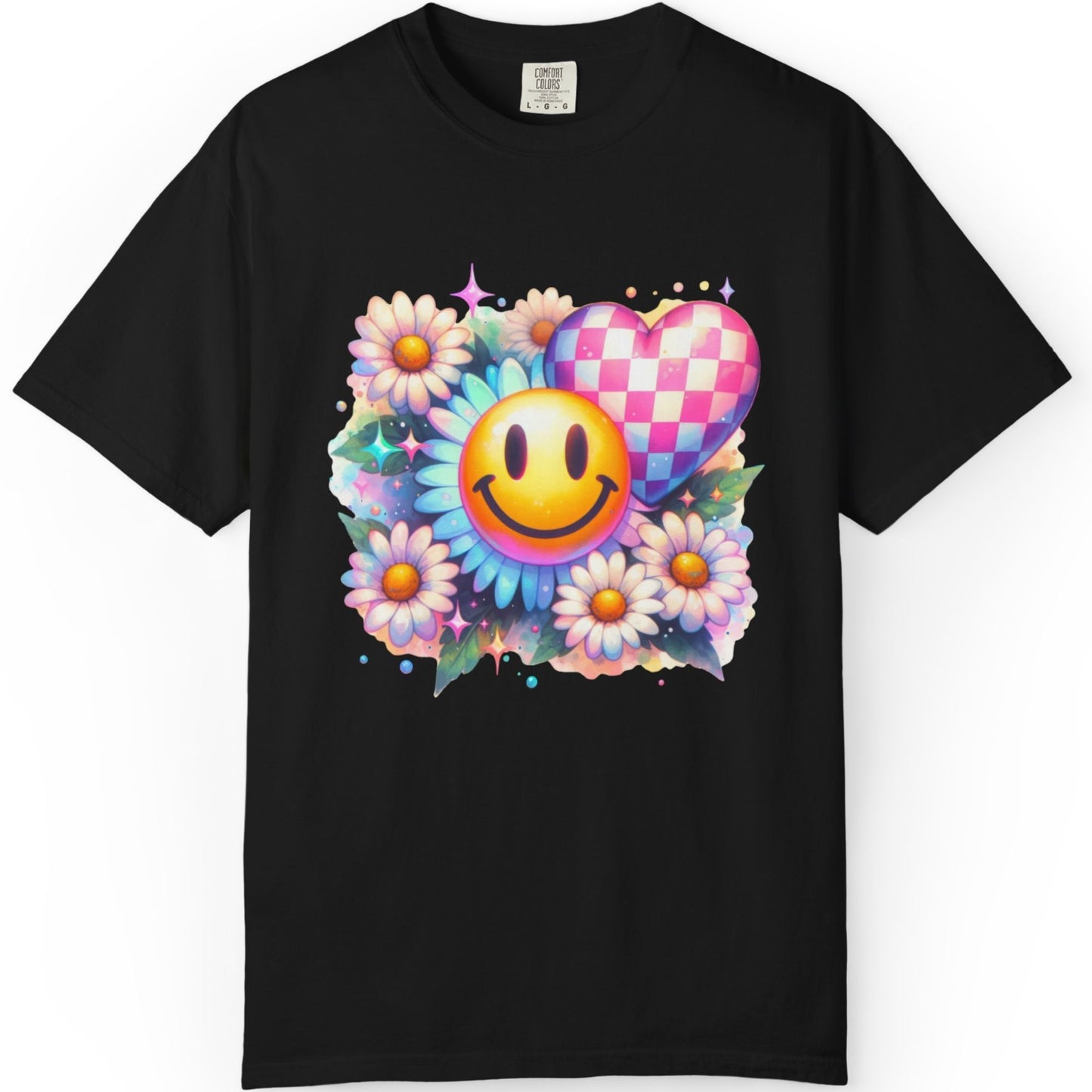 Happy Heart Smiley T-Shirt — Floral Checkerboard Graphic Tee