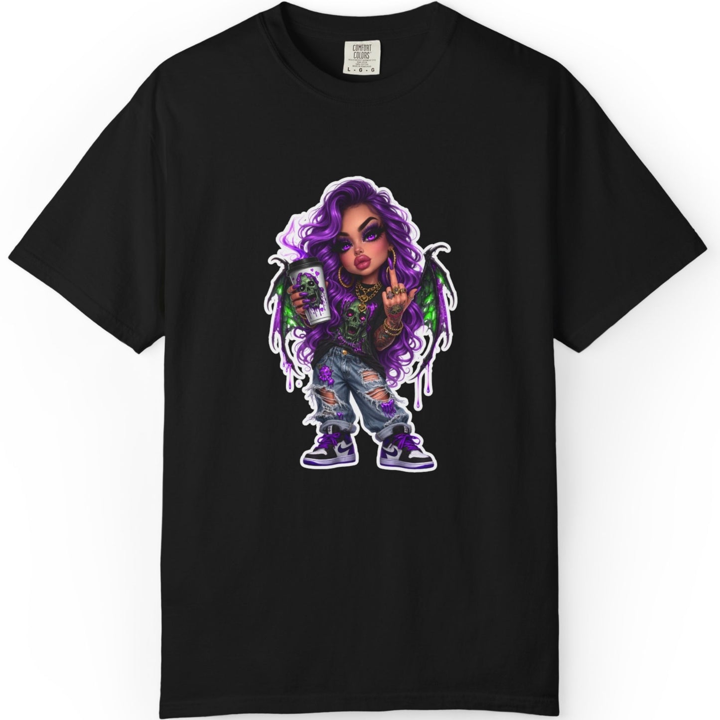 Demon Girl Streetwear T-Shirt — Purple Winged Tattooed Character Graphic