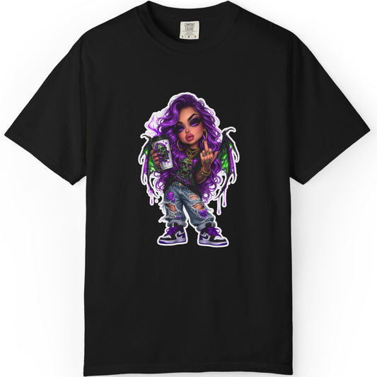Demon Girl Streetwear T-Shirt — Purple Winged Tattooed Character Graphic