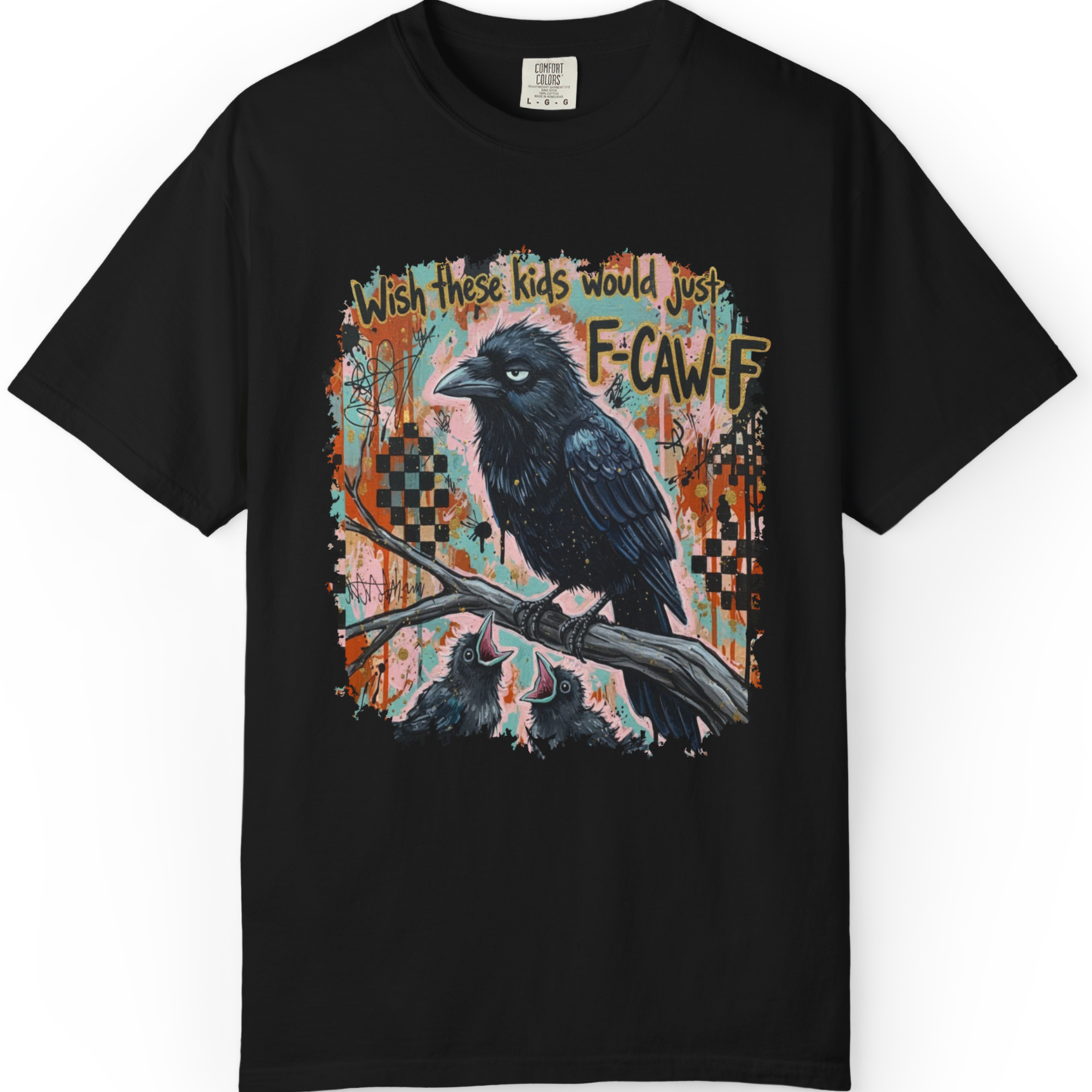 Raven Graphic T-Shirt — 'F-Cawf' Grunge Crow Tee