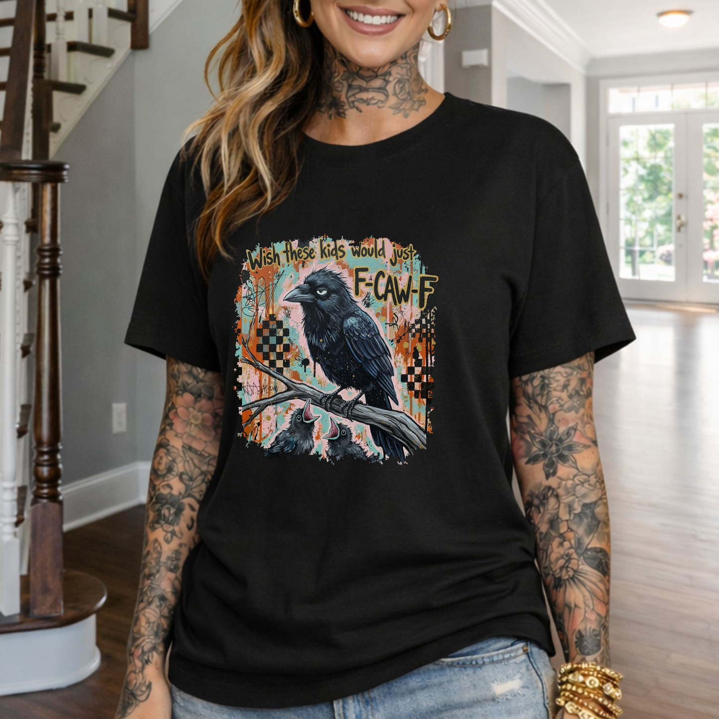 Raven Graphic T-Shirt — 'F-Cawf' Grunge Crow Tee