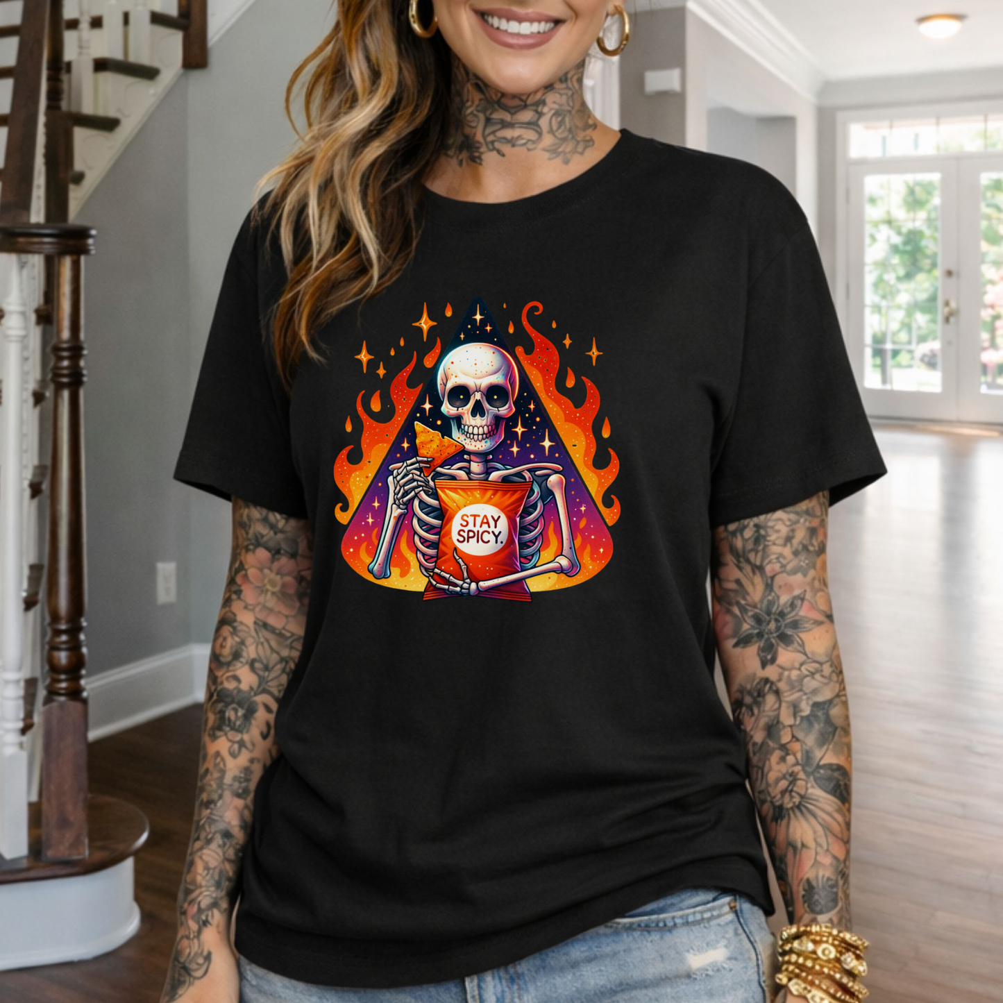 Stay Spicy Skull T-Shirt — Skeleton Holding Hot Sauce Graphic Tee