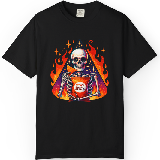 Stay Spicy Skull T-Shirt — Skeleton Holding Hot Sauce Graphic Tee