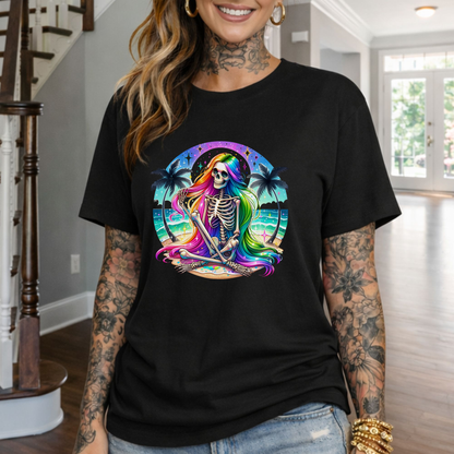 Rainbow Skeleton Beach T-Shirt — Neon Day of the Dead Surf Tee