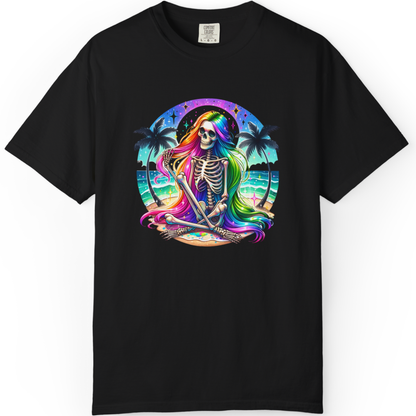 Rainbow Skeleton Beach T-Shirt — Neon Day of the Dead Surf Tee
