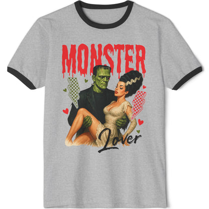 Monster Lover Ringer T-Shirt — Retro Frankenstein & Bride Pinup Tee