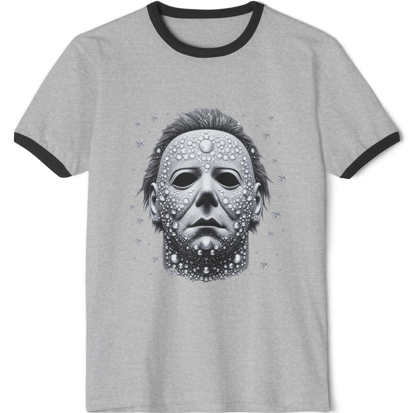 Halloween Horror Mask Ringer T-Shirt — Michael-Style Skull Mask Graphic