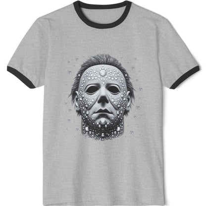 Halloween Horror Mask Ringer T-Shirt — Michael-Style Skull Mask Graphic