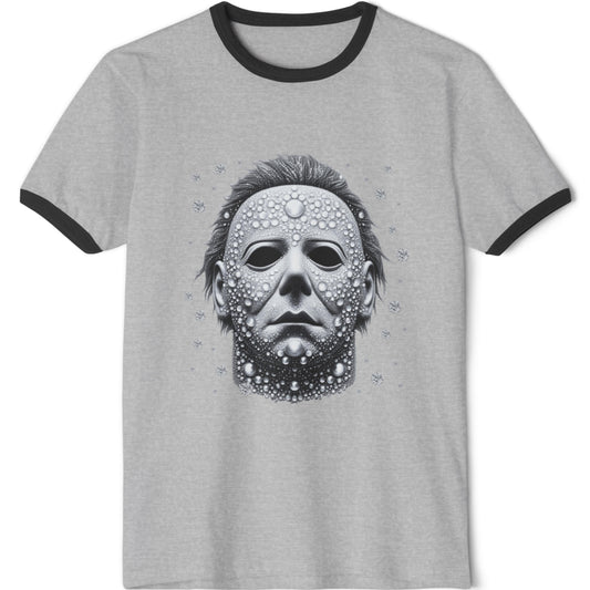 Halloween Horror Mask Ringer T-Shirt — Michael-Style Skull Mask Graphic