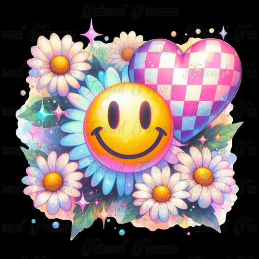 Happy Heart Smiley T-Shirt — Floral Checkerboard Graphic Tee