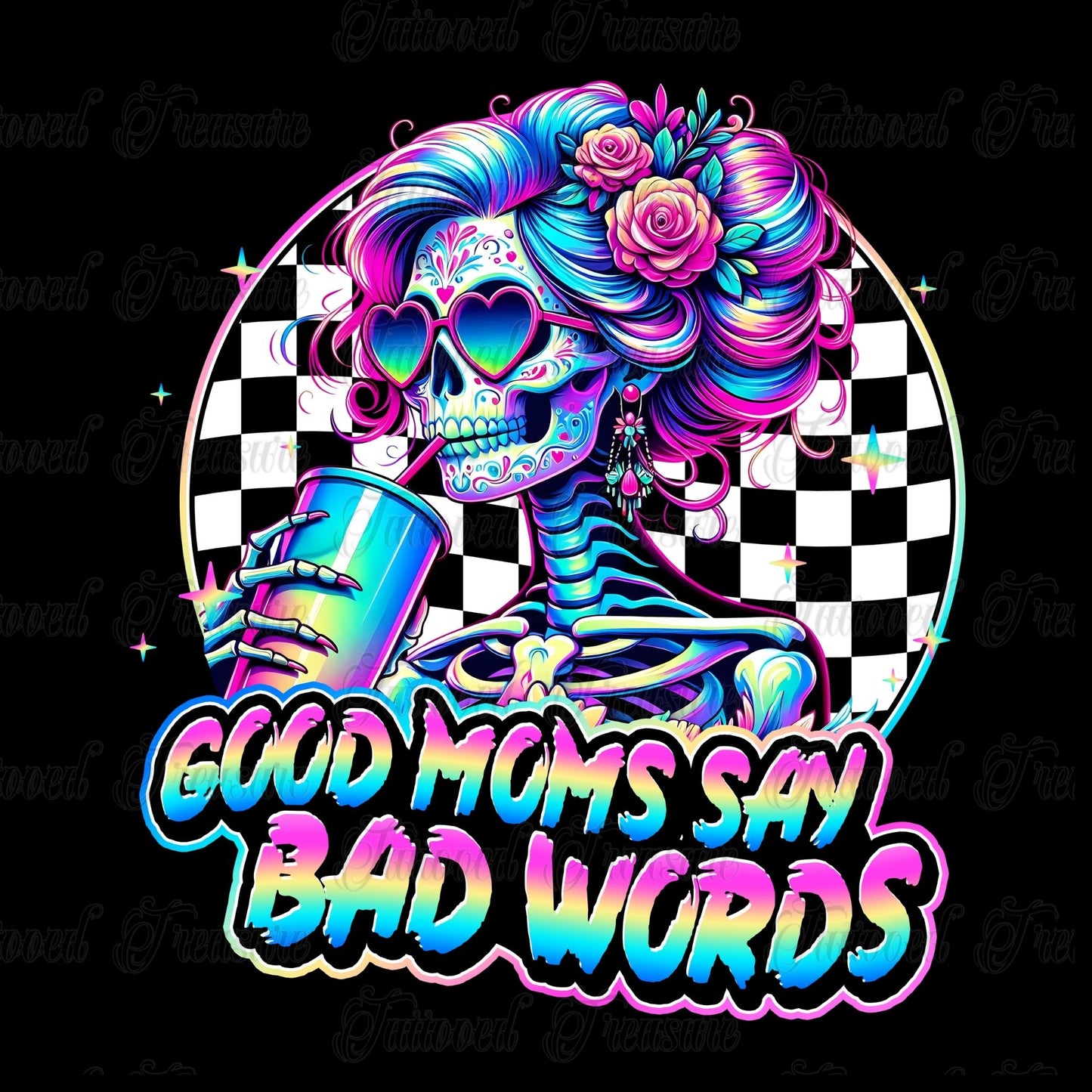 Bad Words Skull Tee — “Good Moms Say Bad Words” Retro Checkerboard T-Shirt