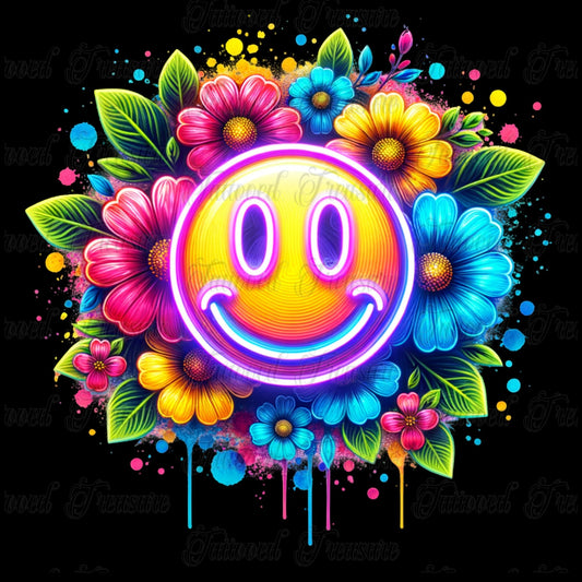 Smiley Flower T-Shirt — Colorful Neon Floral Smile Graphic Tee