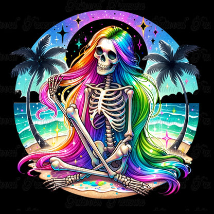 Rainbow Skeleton Beach T-Shirt — Neon Day of the Dead Surf Tee