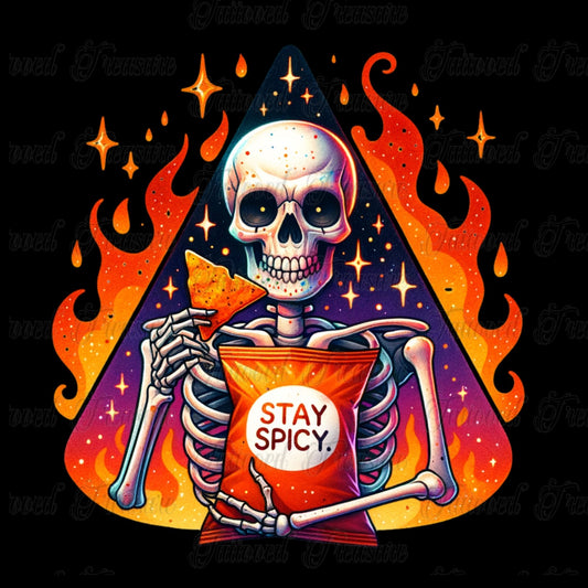 Stay Spicy Skull T-Shirt — Skeleton Holding Hot Sauce Graphic Tee