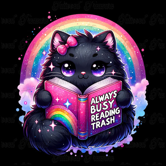Cat Reading T-Shirt — "Always Busy Reading Trash" Cute Black Cat Rainbow Tee