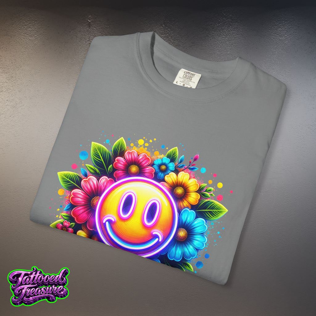 Smiley Flower T-Shirt — Colorful Neon Floral Smile Graphic Tee