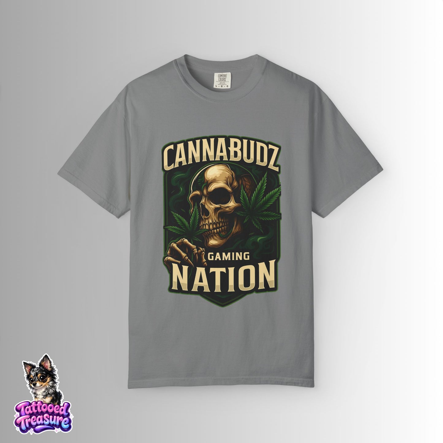 Cannabudz Gaming Nation T-Shirt Front — Skull & Cannabis Gamer Tee