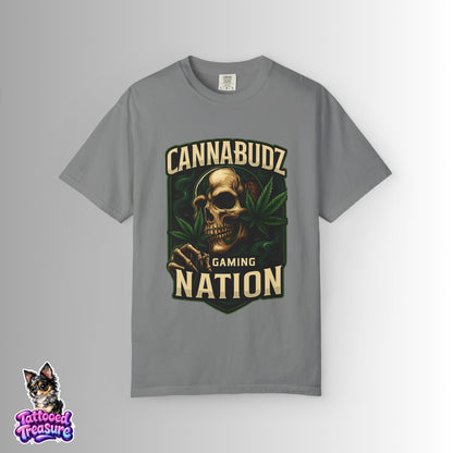 Cannabudz Gaming Nation T-Shirt Front — Skull & Cannabis Gamer Tee