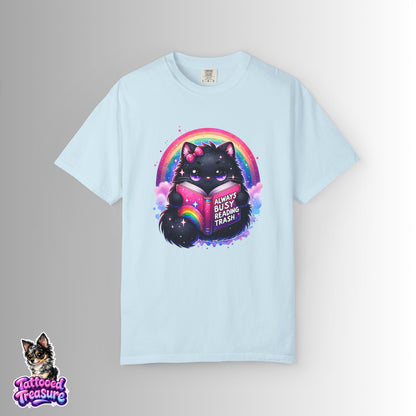 Cat Reading T-Shirt — "Always Busy Reading Trash" Cute Black Cat Rainbow Tee