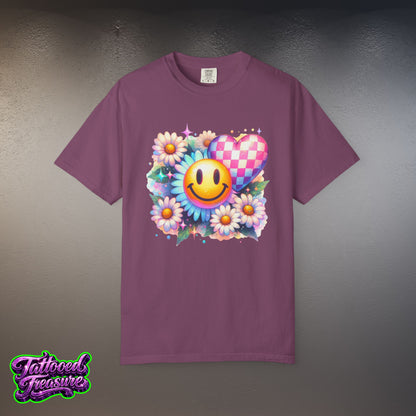 Happy Heart Smiley T-Shirt — Floral Checkerboard Graphic Tee