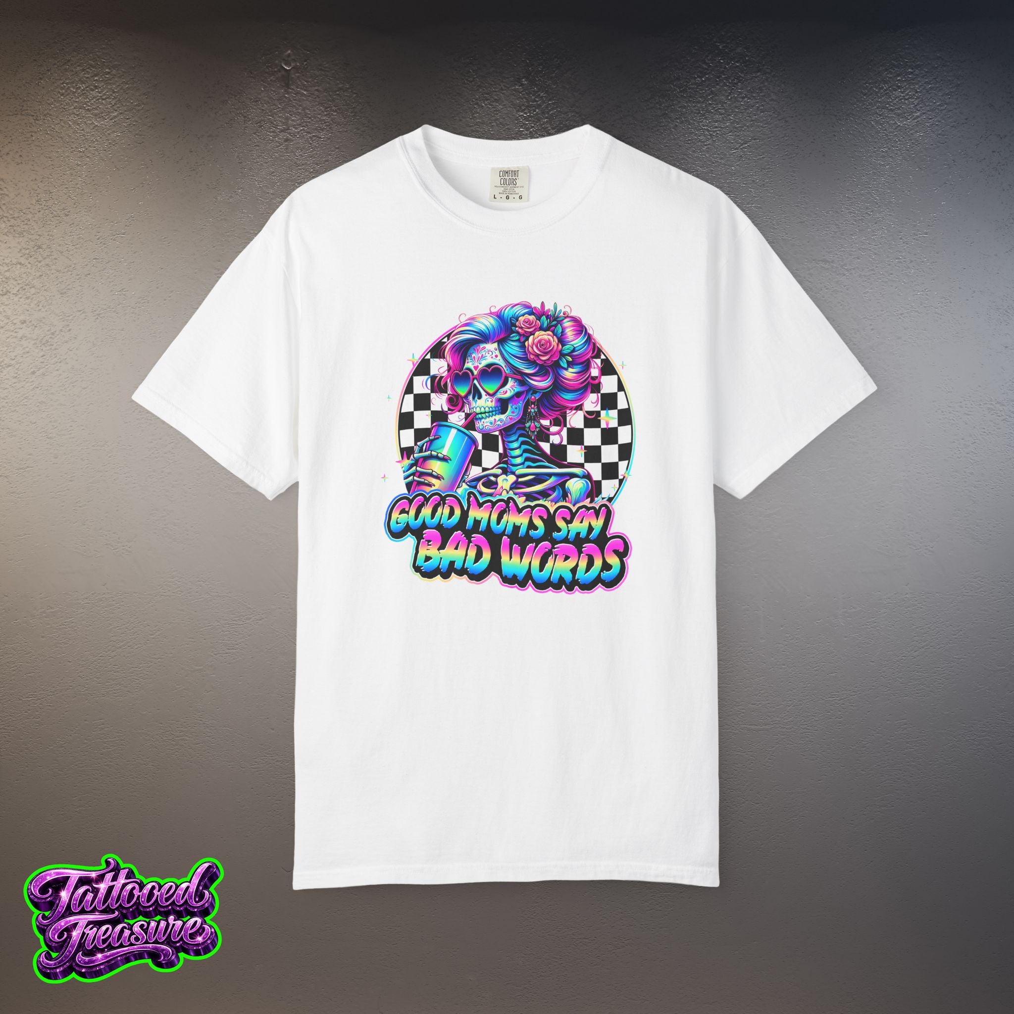 Bad Words Skull Tee — “Good Moms Say Bad Words” Retro Checkerboard T-Shirt