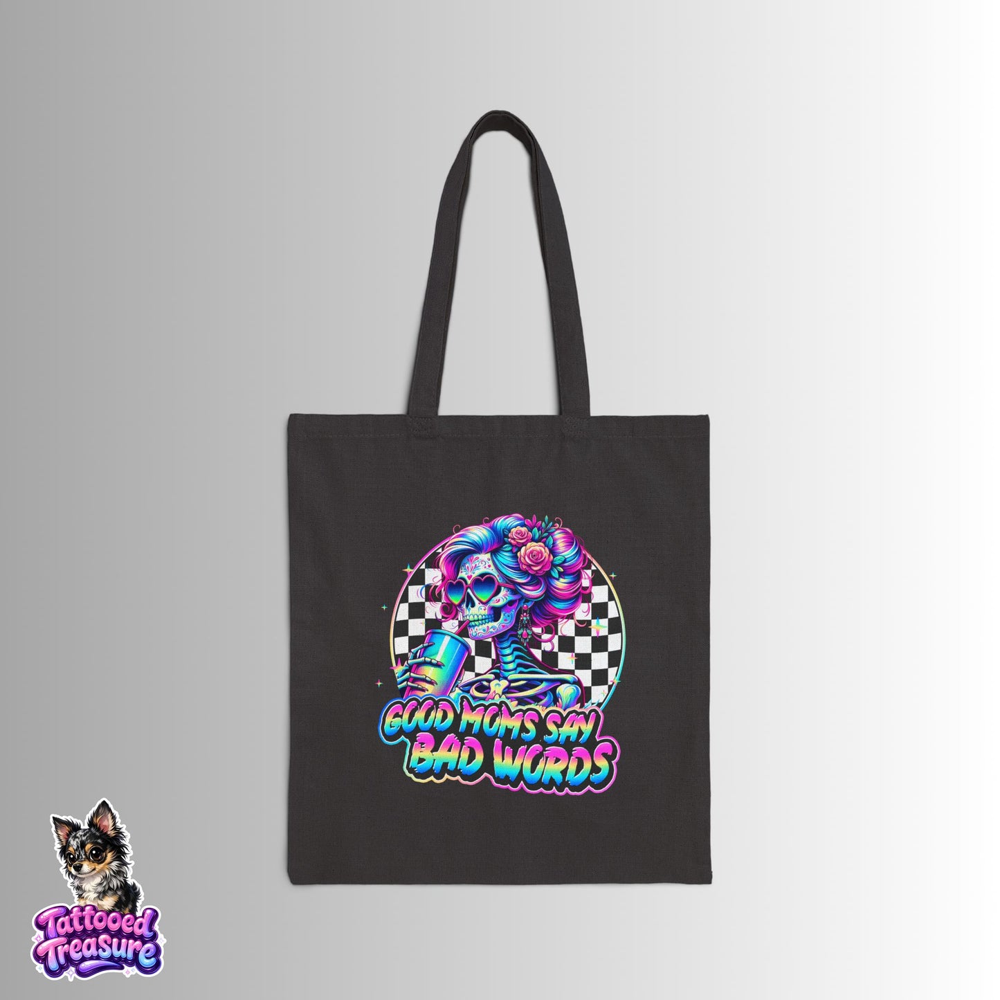 Tote Bag - "Good Moms Say Bad Words" Neon Skull Checkerboard Cotton Canvas Tote