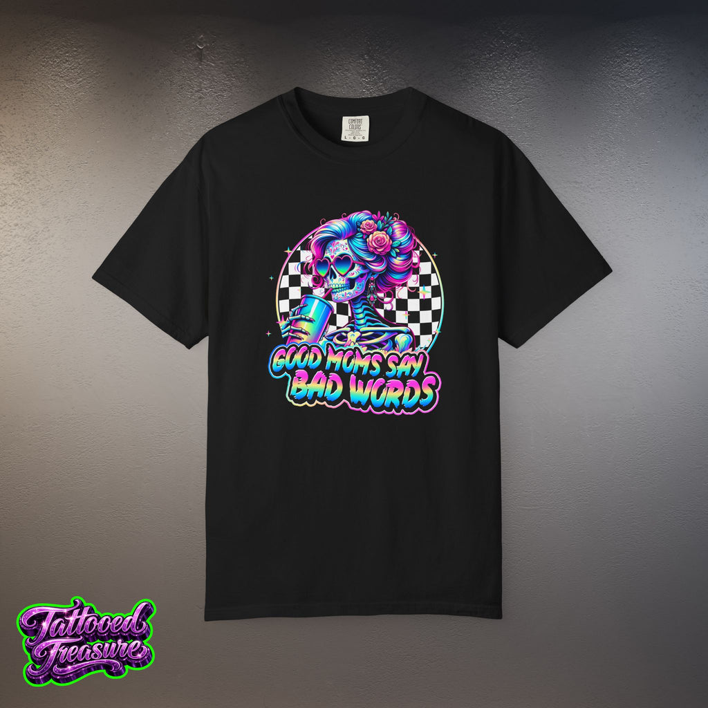 Bad Words Skull Tee — “Good Moms Say Bad Words” Retro Checkerboard T-Shirt
