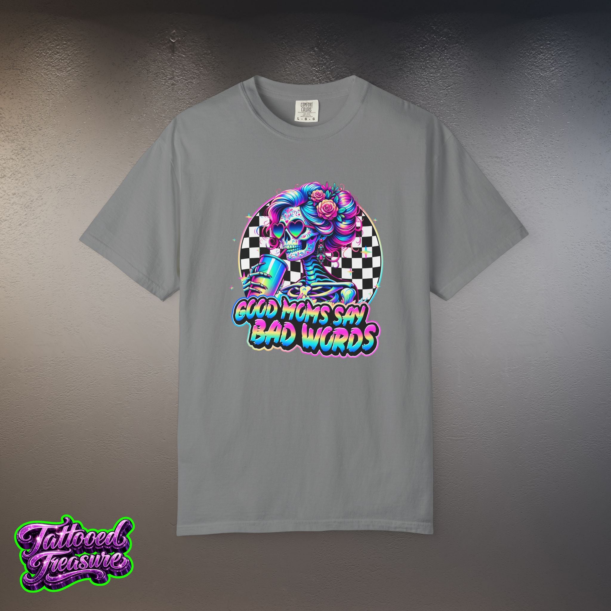 Bad Words Skull Tee — “Good Moms Say Bad Words” Retro Checkerboard T-Shirt