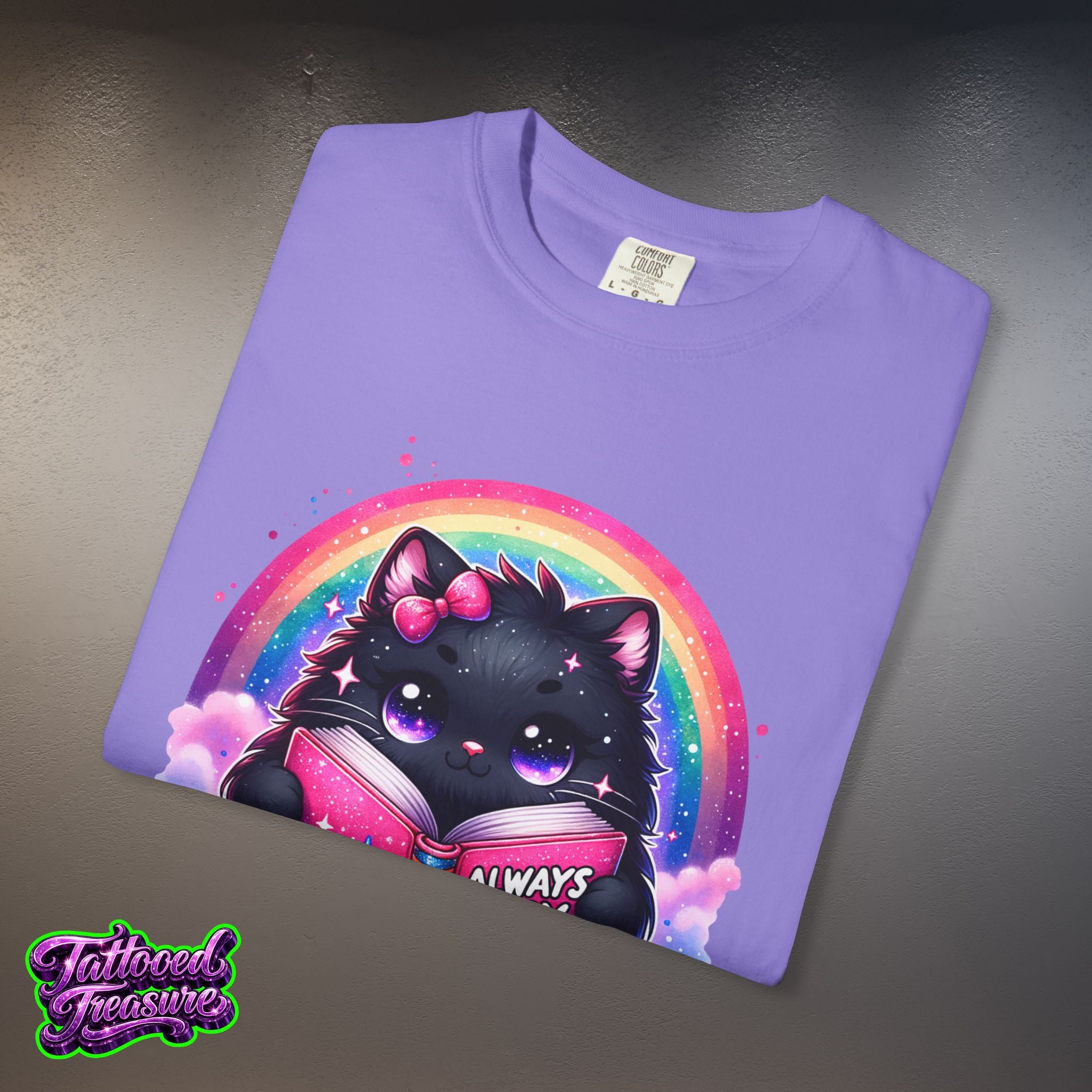 Cat Reading T-Shirt — "Always Busy Reading Trash" Cute Black Cat Rainbow Tee