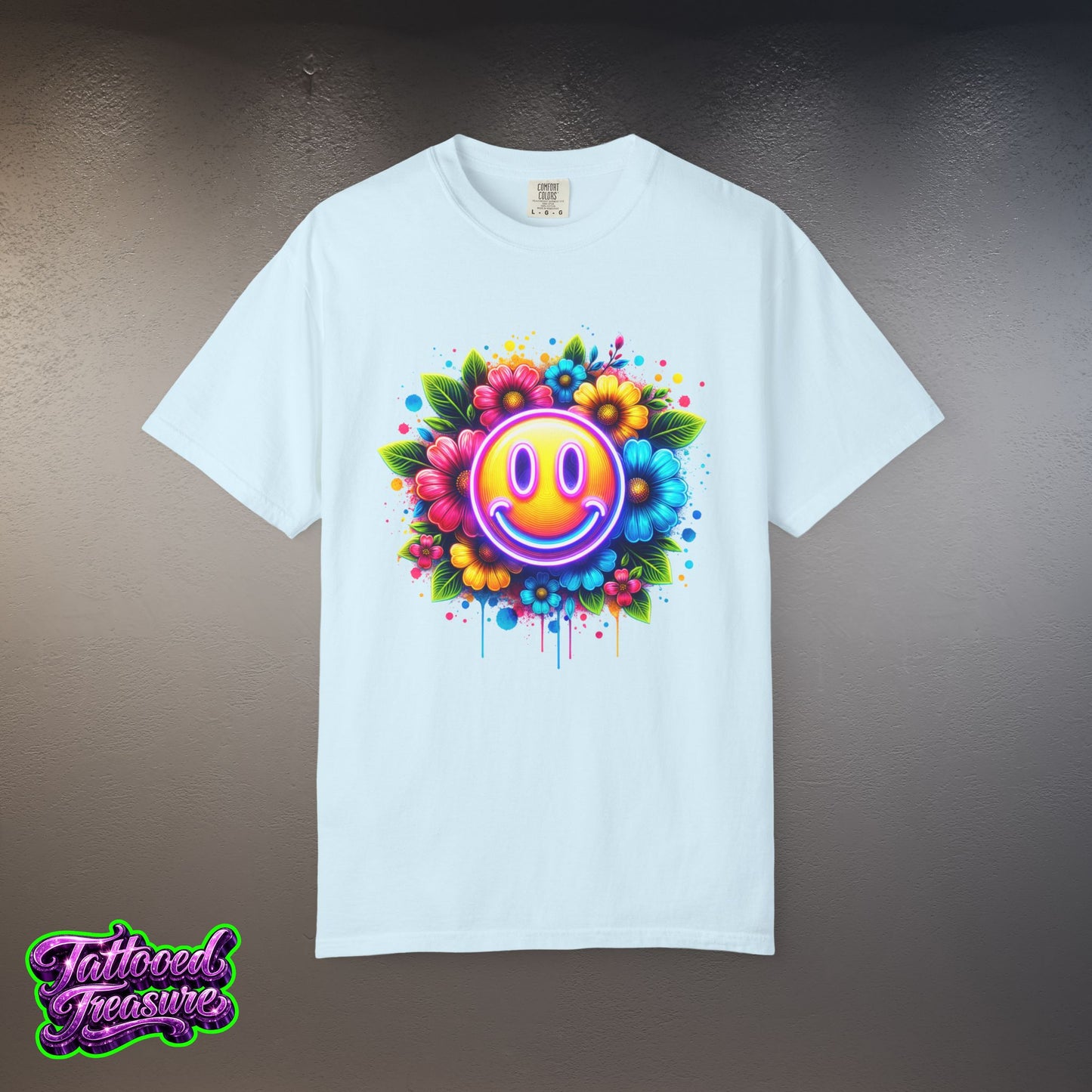 Smiley Flower T-Shirt — Colorful Neon Floral Smile Graphic Tee
