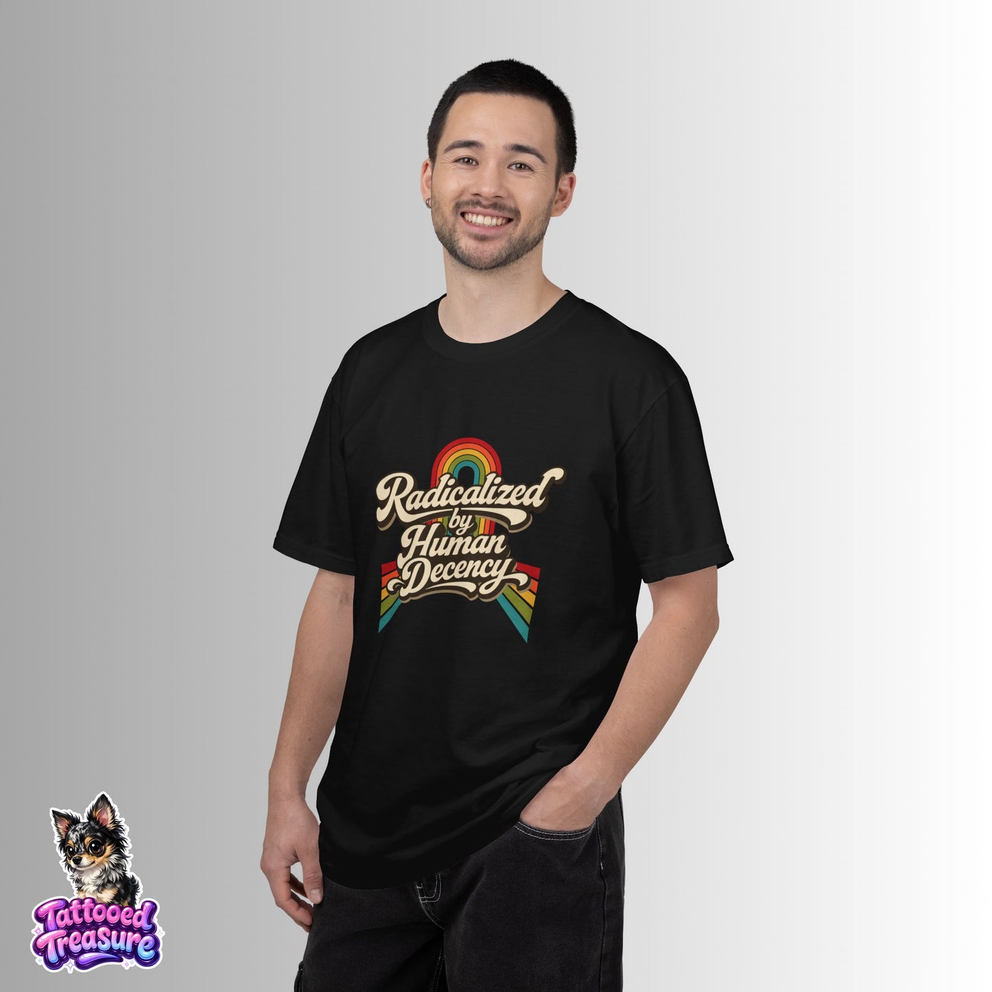 Radicalized by Human Decency T-Shirt — Retro Rainbow Tee