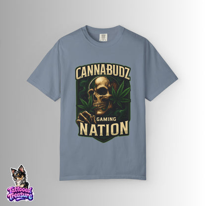 Cannabudz Gaming Nation T-Shirt Front — Skull & Cannabis Gamer Tee