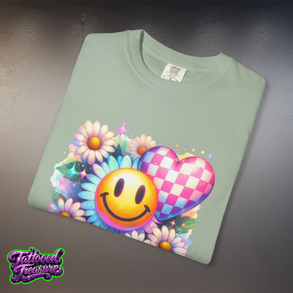 Happy Heart Smiley T-Shirt — Floral Checkerboard Graphic Tee