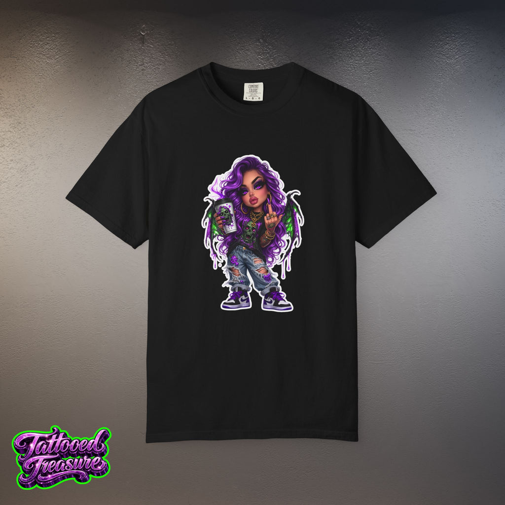 Demon Girl Streetwear T-Shirt — Purple Winged Tattooed Character Graphic