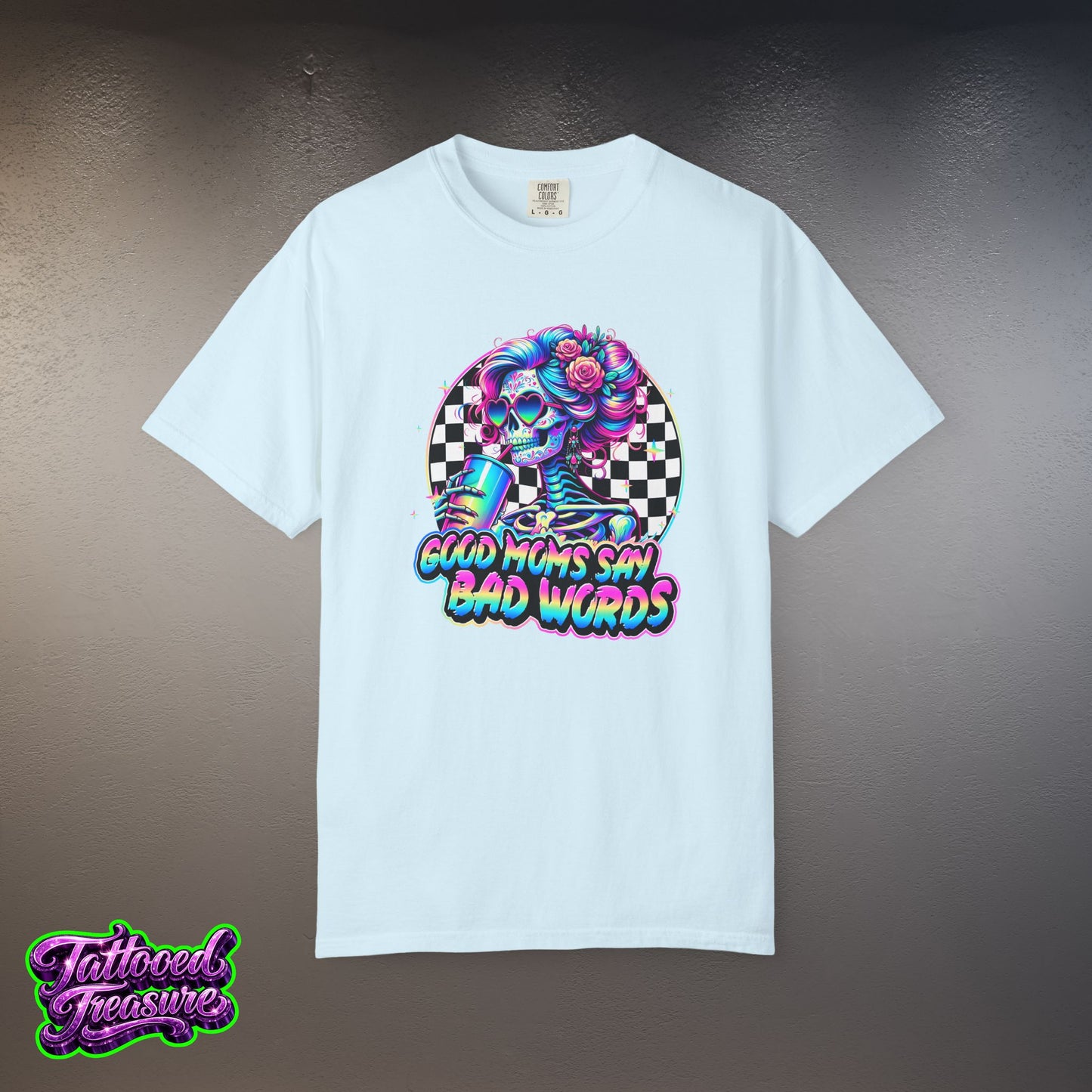 Bad Words Skull Tee — “Good Moms Say Bad Words” Retro Checkerboard T-Shirt