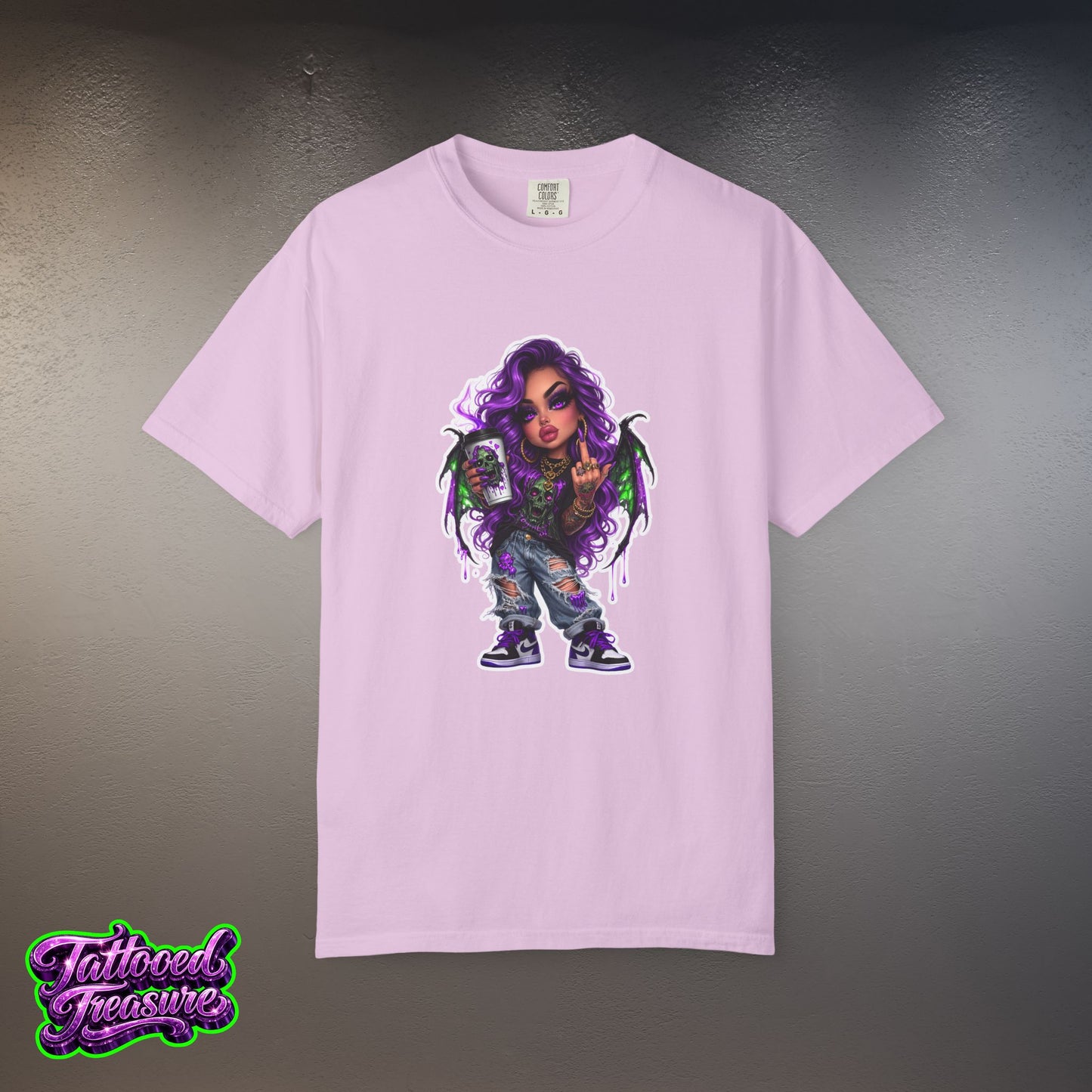 Demon Girl Streetwear T-Shirt — Purple Winged Tattooed Character Graphic