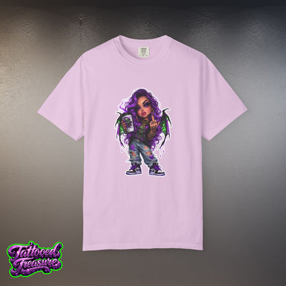 Demon Girl Streetwear T-Shirt — Purple Winged Tattooed Character Graphic