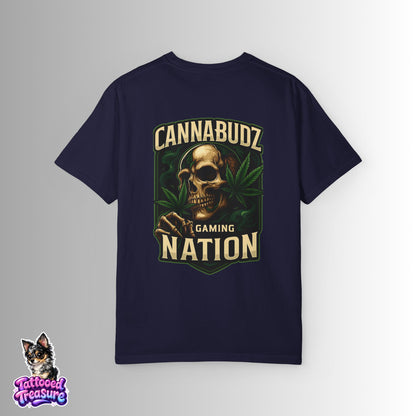 Cannabudz Nation T-Shirt Back— Skull & Cannabis Gaming Tee