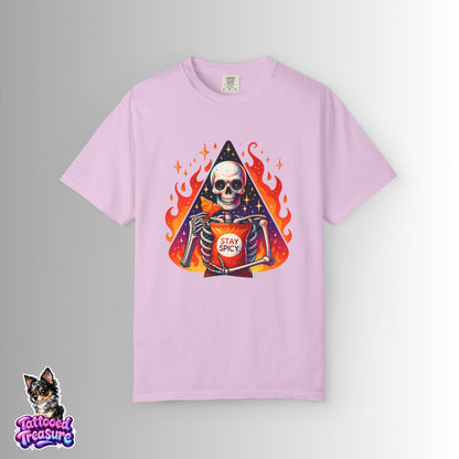 Stay Spicy Skull T-Shirt — Skeleton Holding Hot Sauce Graphic Tee