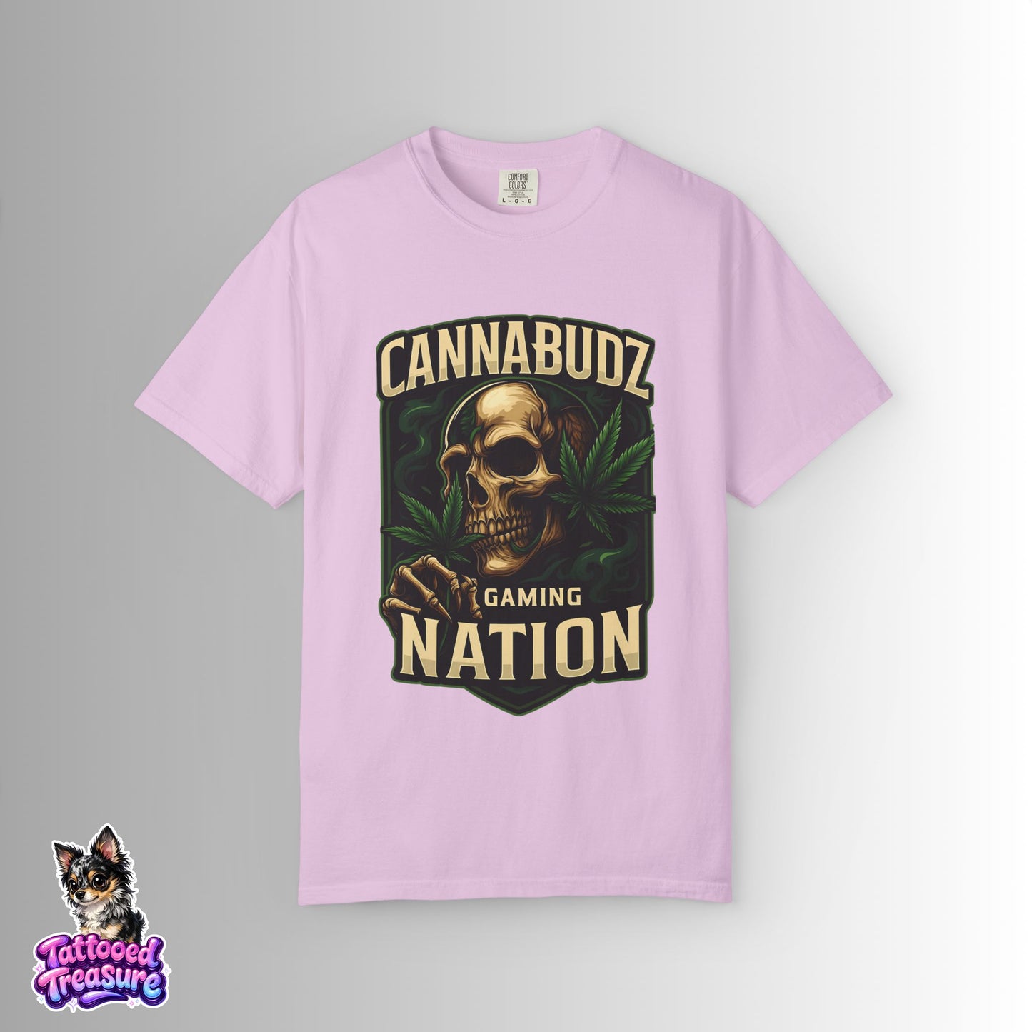 Cannabudz Gaming Nation T-Shirt Front — Skull & Cannabis Gamer Tee