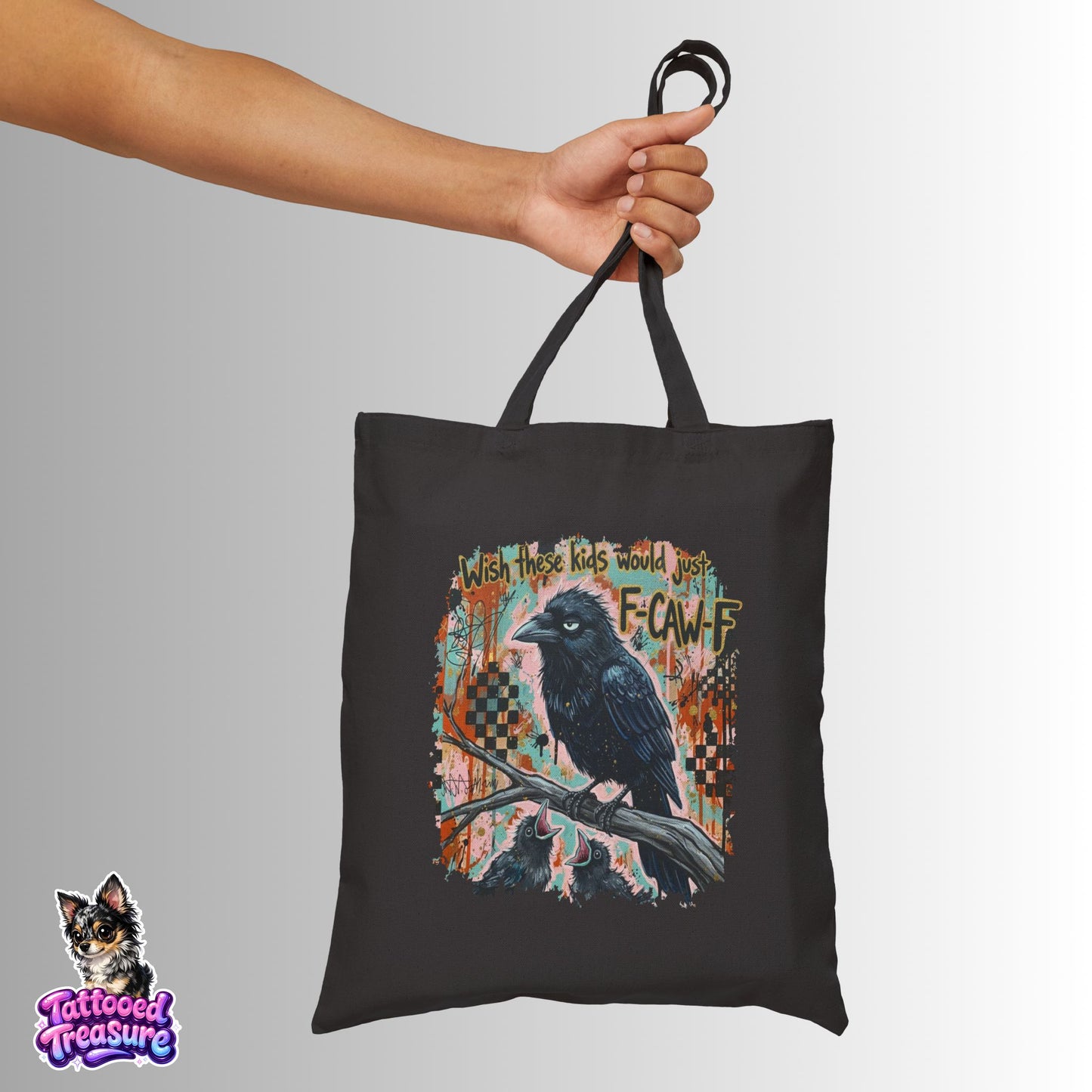 Crow Raven Canvas Tote Bag — "F-CAWFF" Vintage Tattoo Style Eco Shopper