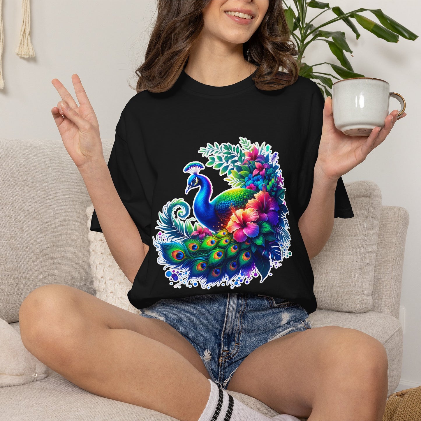 Peacock Floral T-Shirt — Vibrant Watercolor Peacock Tee