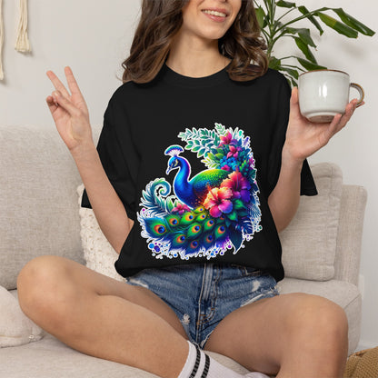 Peacock Floral T-Shirt — Vibrant Watercolor Peacock Tee