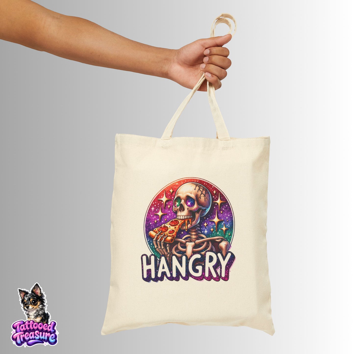 Hangry Skeleton Canvas Tote Bag – Funny Skull Pizza Eco Grocery Bag
