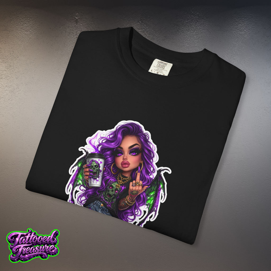 Demon Girl Streetwear T-Shirt — Purple Winged Tattooed Character Graphic