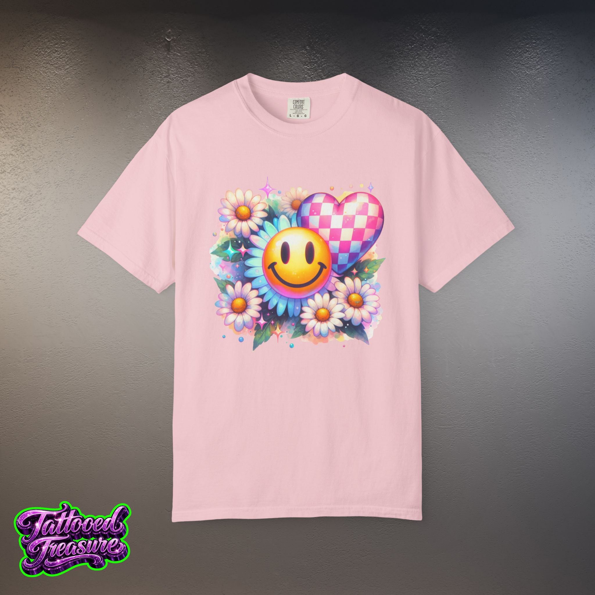 Happy Heart Smiley T-Shirt — Floral Checkerboard Graphic Tee