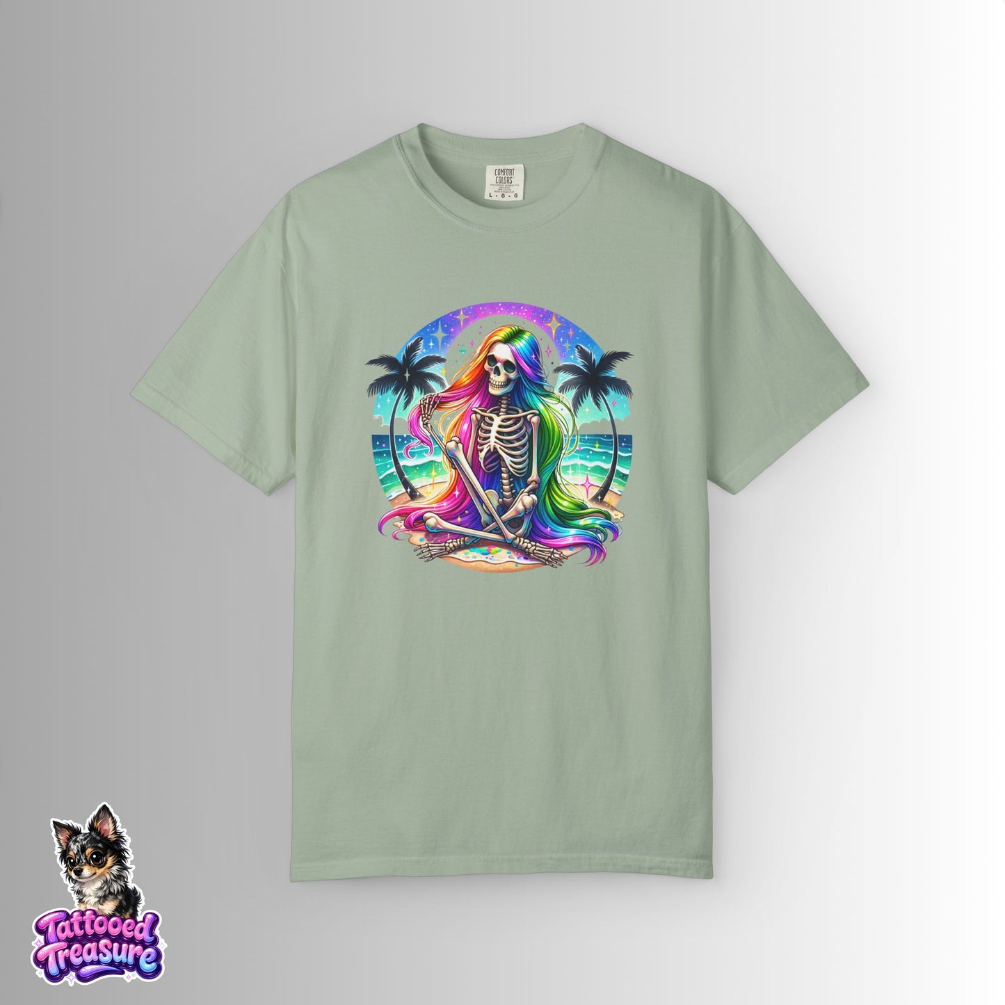Rainbow Skeleton Beach T-Shirt — Neon Day of the Dead Surf Tee