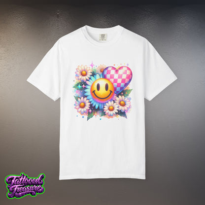 Happy Heart Smiley T-Shirt — Floral Checkerboard Graphic Tee