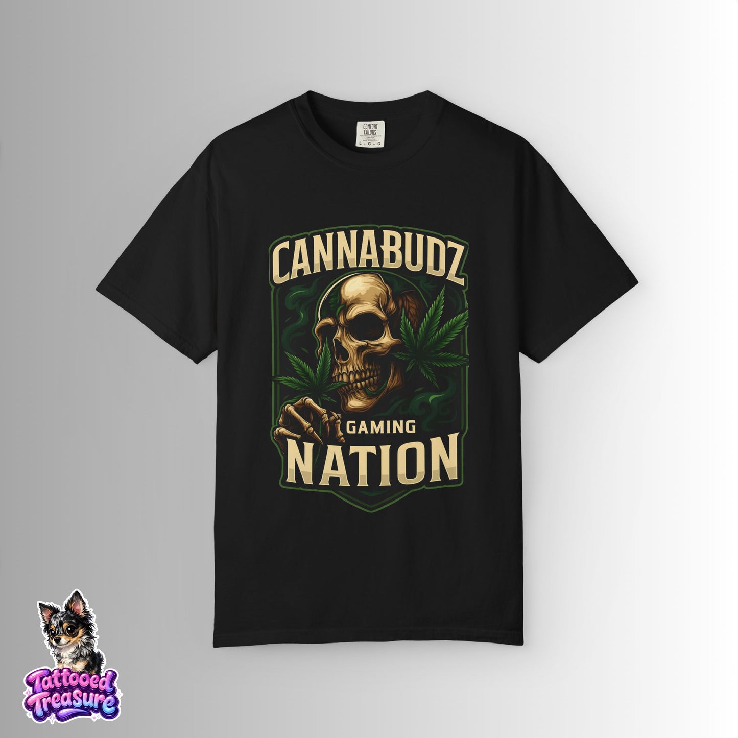 Cannabudz Gaming Nation T-Shirt Front — Skull & Cannabis Gamer Tee
