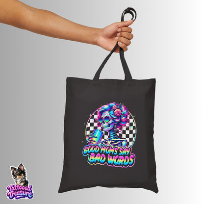 Tote Bag - "Good Moms Say Bad Words" Neon Skull Checkerboard Cotton Canvas Tote